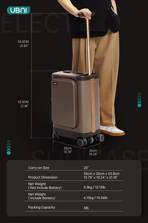 UBNI 20-Inch Carry-On Electric Suitcase with C-LT Floating Tech & 2-in-1 Ride-On Trolley, Gemstone Brown